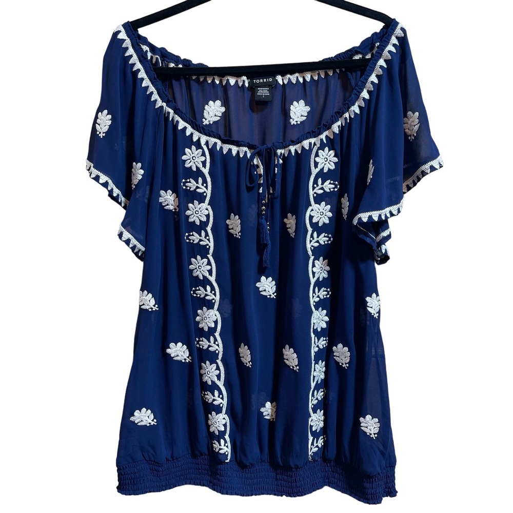 torrid Navy Blue Peasant Blouse with White Floral Embroidery
